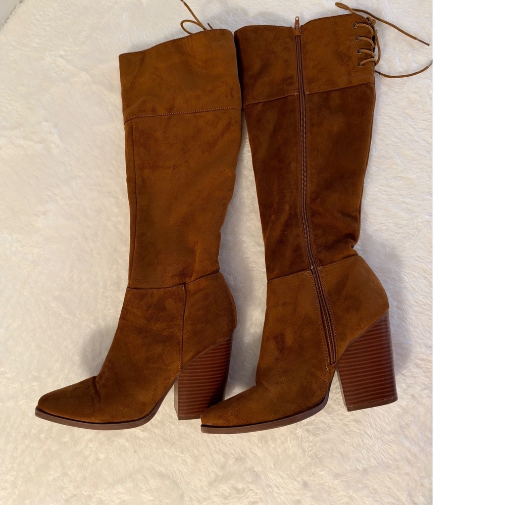 Qupid Womens Cognac Faux Suede Tall Knee High Boots Pointed Toe Block Heel Sz 8